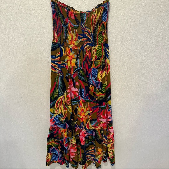 Aerie Tropical Floral Smocked Strapless Ruffle Midi Dress - Picture 10 of 10